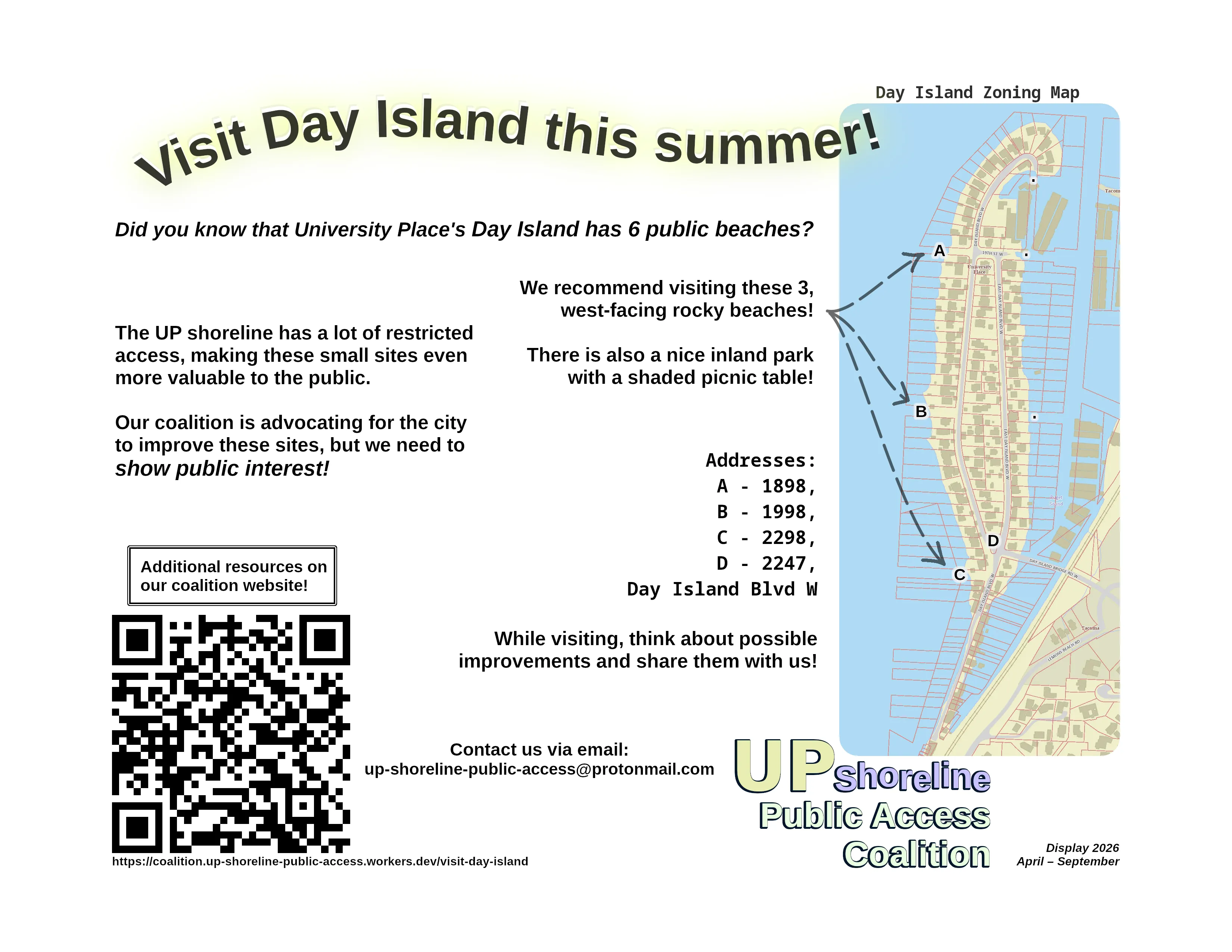 A flyer promoting visitation to Day Island this summer. The title says 'Visit Day Island this summer!' and content reads 'Did you know that University Place's Day Island has 6 public beaches? We recommend visiting these 3, west-facing rocky beaches!' There are 3 arrows pointing to the Day Island zoning map at the right side of the flyer to the 3 sites labeled A, B, and C. The content continues to read 'There is also a nice inland park with a shaded picnic table! The UP shoreline has a lot of restricted access, making these small sites even more valuable to the public. Our coalition is advocating for the city to improve these sites, but we need to show public interest!' It then lists the street addresses of the marked sites on the previously mentioned map: A - 1898, B - 1998, C - 2298, D - 2247, Day Island Blvd W. The content then finally reads 'While visiting, think about possible improvements and share them with us!' An email is provided for contact at the bottom: up-shoreline-public-access@protonmail.com. The bottom left has a QR code that links this visit-day-island web page and is labeled 'Additional resources on our coalition website!' The bottom right corner has our coalition logo and metadata marking the flyer for display in 2026 from April to September.