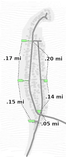 A map of Day Island, where the strongly advocated for sites are highlighted green. The approximate walking distance between each site is also shown: 0.17 miles from B to D, 0.15 miles from D to F, 0.05 miles from F to *, 0.14 miles from * to E, and 0.20 miles from E to B.