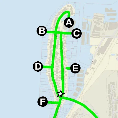 A map of Day Island, where the public right-of-way is highlighted green. Each right-of-way shoreline access point is labeled A through F, and there is a special inland spot labeled with an asterisk.