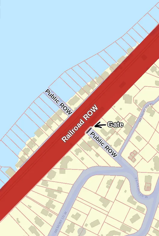 A map of Sunset Beach showing the public and railroad right-of-ways. The public right-of-way goes all the way out into the water, but is intersected by the railroad right-of-way. The previously mentioned gate is also marked on the map, which falls right on the border between the public and railroad right-of-way.