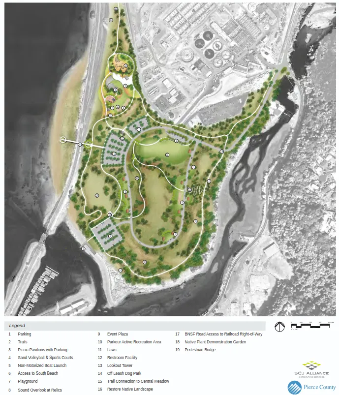 The preferred concept plan map of the South Area from the Chambers Creek Regional Park Master Site Plan. It shows many additions: parking, trails, picnic pavilions with parking, sand volleyball & sports courts, non-motorized boat launch, access to south beach, playground, sound overlook at relics, event plaza, parkour active recreation area, lawn, restroom facility, lookout tower, off leash dog park, trail connection to central meadow, restore native landscape, BNSF road access to railroad right-of-way, native plant demonstration garden, and a pedestrian bridge.